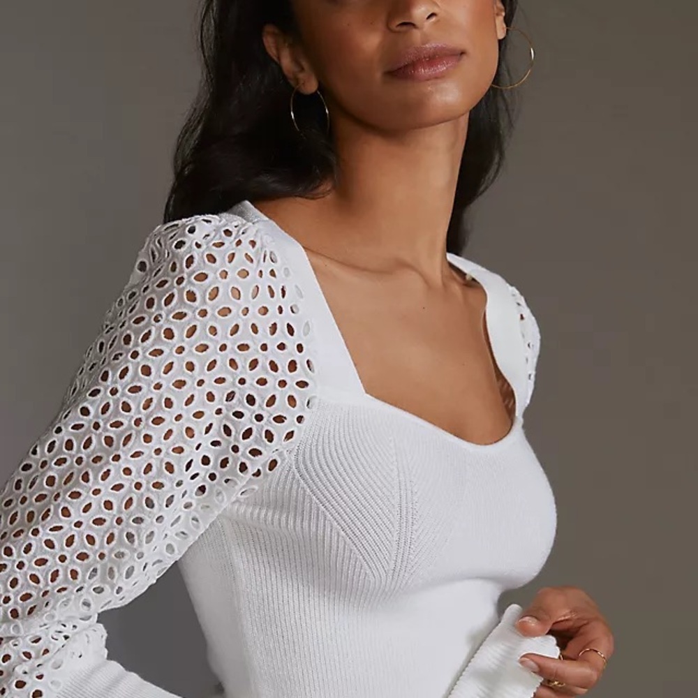 Anthropologie Women’s XS White Eyelet Knit Sweater Long Sleeve Pullover